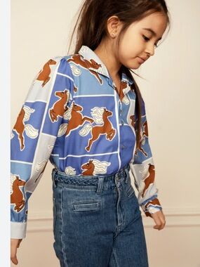 Mini Rodini Horses Woven Shirt 5-7 Girls Youth Toddler Button Up Blouse Sleeves